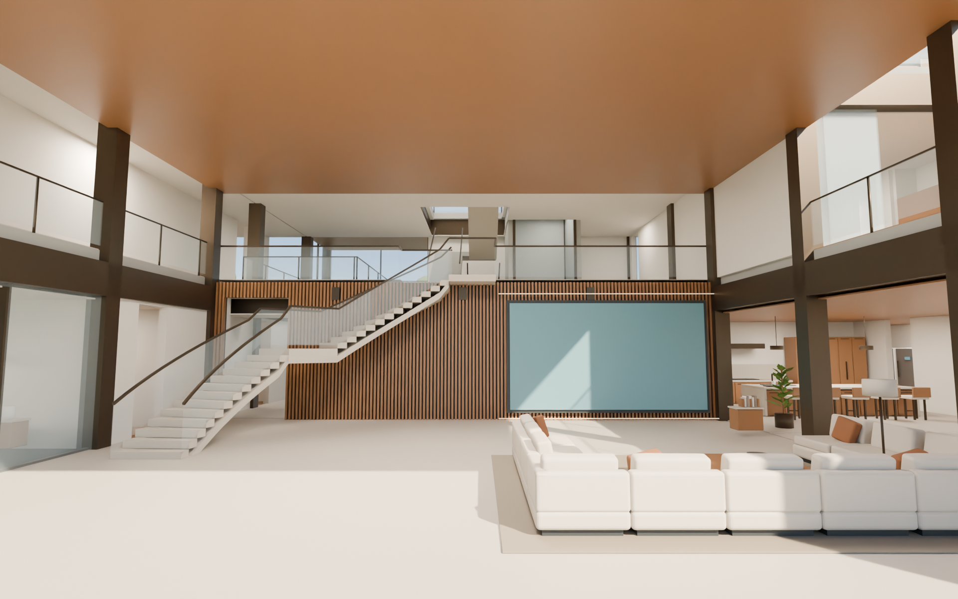 The actual CASA living room with its tall ceiling and curved staircase