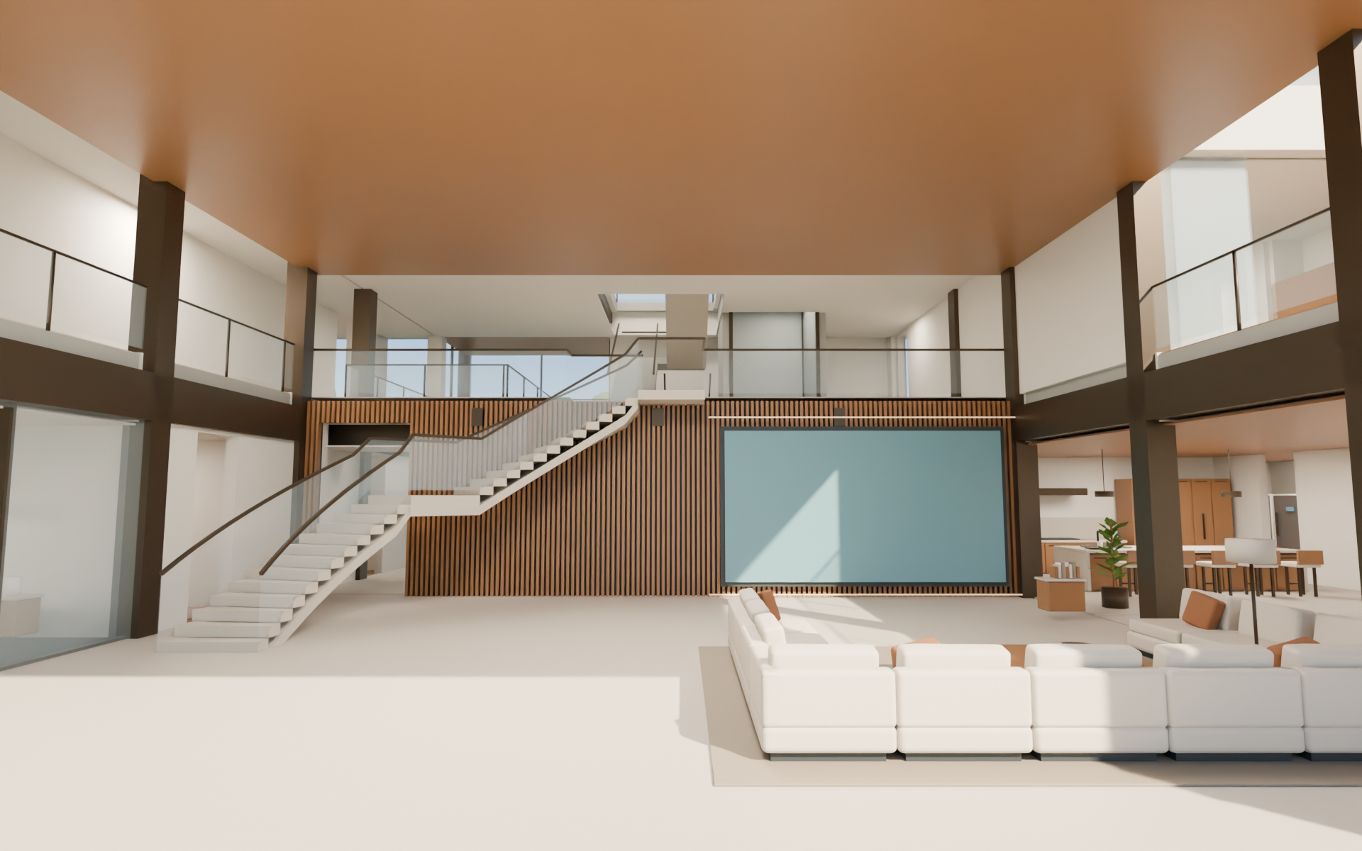 The actual CASA living room with its tall ceiling and curved staircase