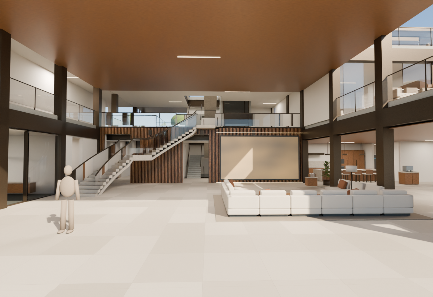 The actual CASA living room with its tall ceiling and curved staircase